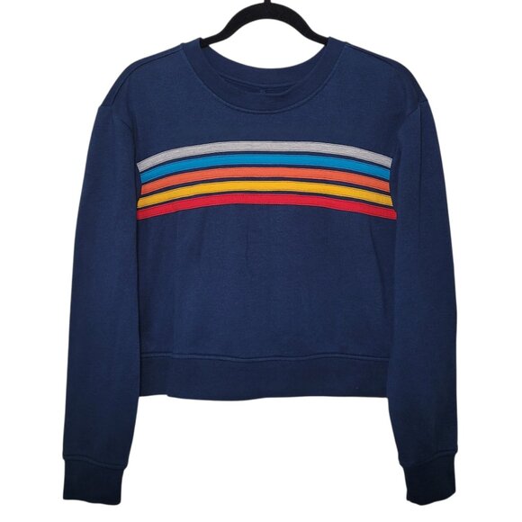 Vanilla Star Tops - Vanilla Star Navy Blue Retro Rainbow Stripe Cropped Sweatshirt Small